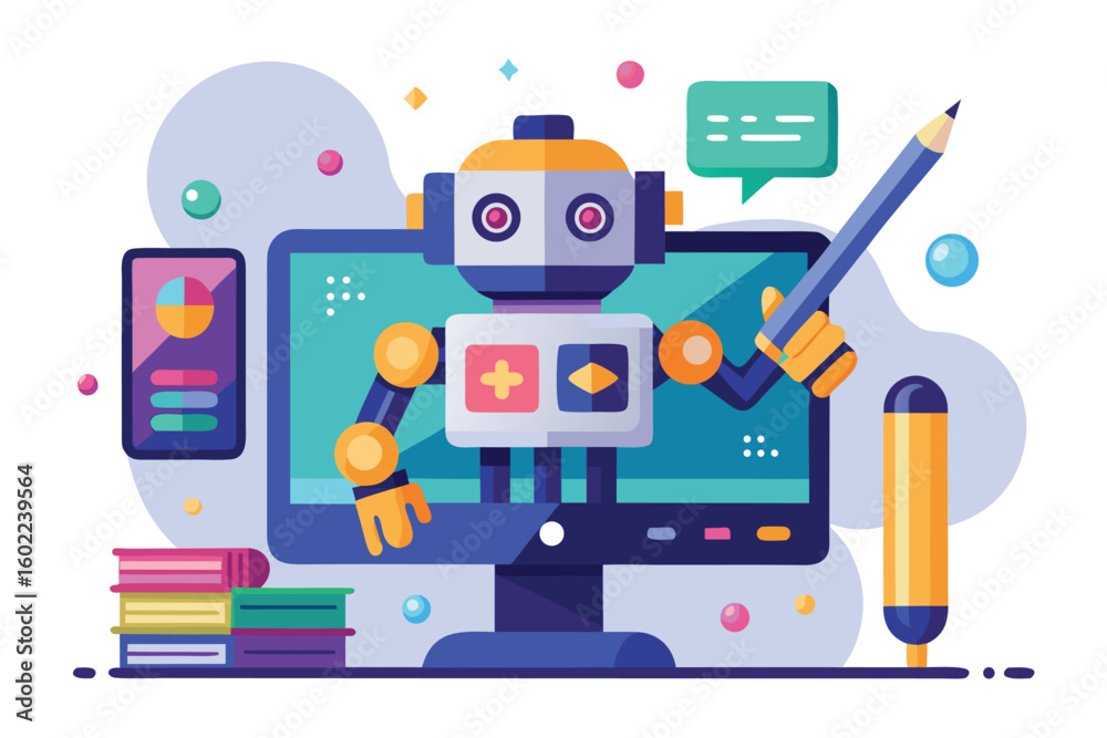 Poster colorful robotic character engaging with a computer screen in a modern digital workspace setting, sh