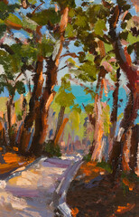 Forest sea oil painting. A bright vertical hand-drawn illustration. Beautiful pine trees against the turquoise sea. Modern art, impressionism. Handmade greeting card design. Summer vacation concept