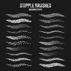 Ink scatter brush, stipple drawing and texturing. Fading gradient. Stippling, dotwork drawing, shading using dots. Halftone disintegration effect. White noise grainy texture. Vector illustration