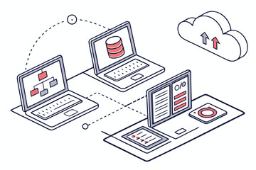 Data management and cloud computing illustration with multiple laptops connected to a cloud server showcasing network architecture and data flow