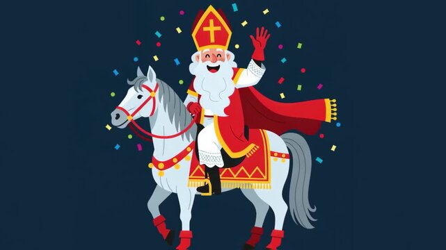 Sinterklaas riding on white horse through Dutch city. Saint Nicholas day in Netherlands, Belgium. Greeting card for holland holiday Celebration concept for children european party in day five december