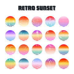 Grunge vintage colorful sunset. Striped gradient sunrise badges in 80s and 90s style. Sun and ocean view, summer vibes, surfing. Design element for print, logo or t-shirt. Vector illustration