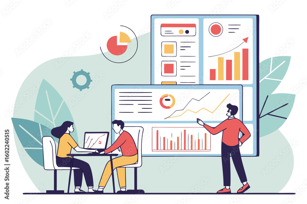 Poster individuals collaborating on a project while analyzing data charts and diagrams in a modern workspac