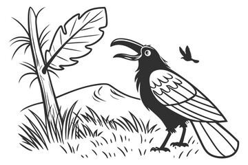 Obraz premium Stylized black and white illustration of a crow perched near a plant against a mountainous background with another bird flying in the distance