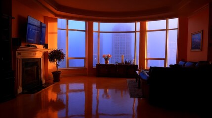 Serene evening view from a cozy apartment urban landscape interior photography tranquil atmosphere eye-level perspective
