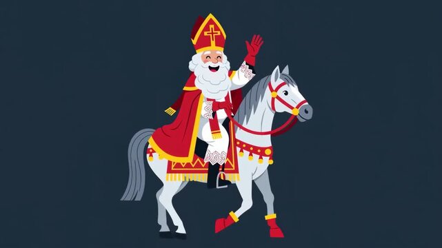 Sinterklaas riding on white horse through Dutch city. Saint Nicholas day in Netherlands, Belgium. Greeting card for holland holiday Celebration concept for children european party in day five december