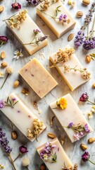 Flat lay of handmade organic soap bars with dried flowers. 01.
