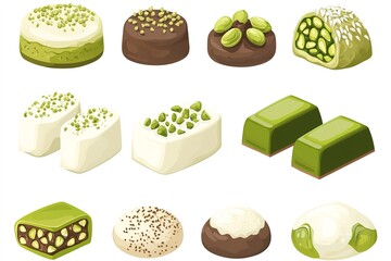 Set of various Dubai chocolate with pistachio and kataifi dough. White and milk chocolate with pistachio paste filling. Vector illustration of trending pistachio chocolate bars green filling flavor.