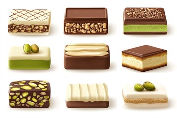 Set of various Dubai chocolate with pistachio and kataifi dough. White and milk chocolate with pistachio paste filling. Vector illustration of trending pistachio chocolate bars green filling flavor.