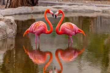 Two pink flamingos stand in water their necks forming a heart shape Reflections visible