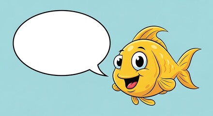 Cartoon golden fish with a speech bubble, smiling on a light blue background.