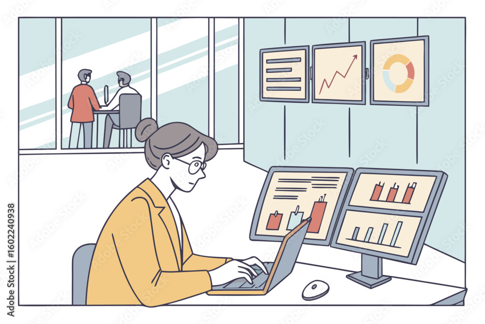 Poster woman working at a desk with multiple monitors displaying graphs and charts in an office setting whi