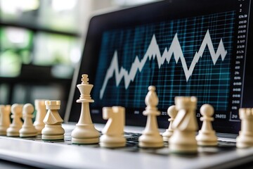 Strategic Growth Visualization: A close-up shot of a laptop displaying an upward trending graph, with chess pieces arranged in the foreground