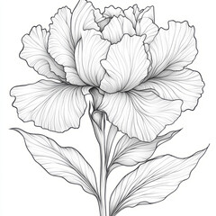 Detailed line art drawing of a blooming iris flower.