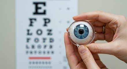 Hands Holding Eye Model In Front Of Vision Test Chart
