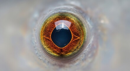 Close-up macro view of a fish eye, showcasing intricate details of the iris and pupil.