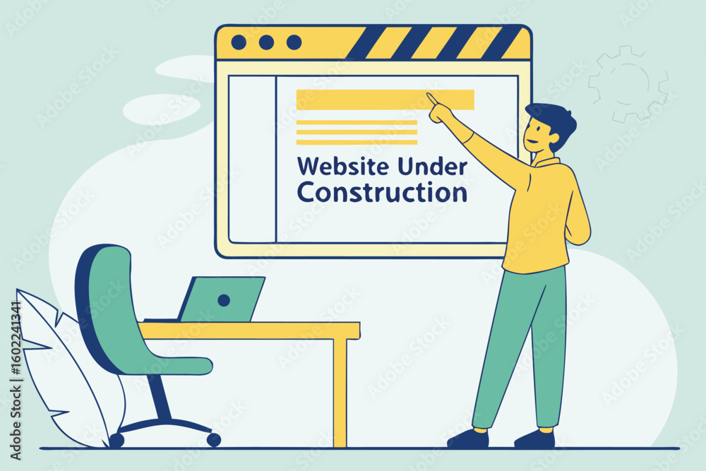 Poster person pointing at a computer screen displaying a website under construction with a desk and chair i