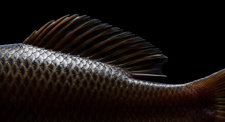 Close-up of a dark-scaled fish, showcasing its dorsal fin and intricate scales against a black background.