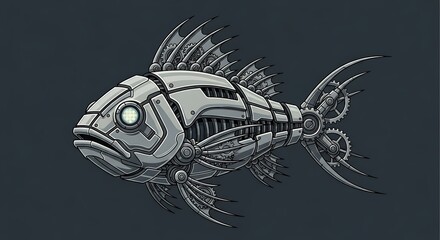 A stylized illustration of a mechanical fish swimming against a dark background.
