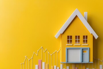 Yellow house with upward and downward trending graph arrows, representing housing market trends on a white background.