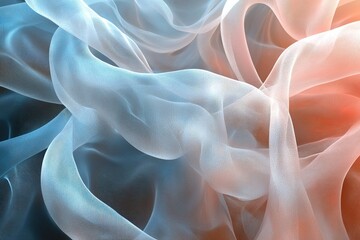 3d rendered background, smooth flowing transparent silky material weaving and intertwining, pastel colors, translucent and overlapping, trending background image, octane render. Generative AI.