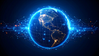 Fototapeta premium Digital Planet: Earth Encased in Glowing Circuit Lines for Global Tech Connection