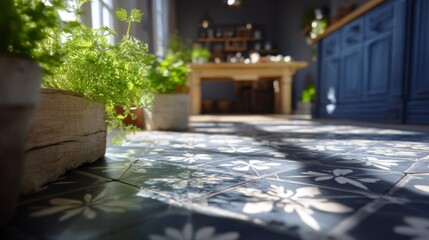 Charming kitchen interior with floral tile cozy home photography bright environment low angle interior design inspiration