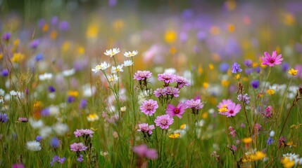 A soft-focus meadow with wildflowers in various hues