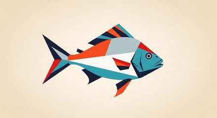 Geometric illustration of a stylized fish, vibrant colors, and bold shapes.