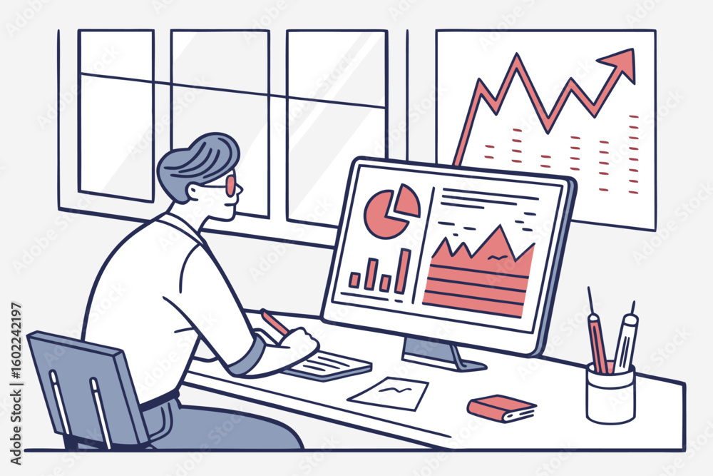 Poster professional working on data analysis with charts and graphs displayed on computer screen in modern 