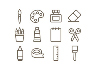 Essential Art and School Supplies Line Icons Collection for Creative Projects and Education Needs