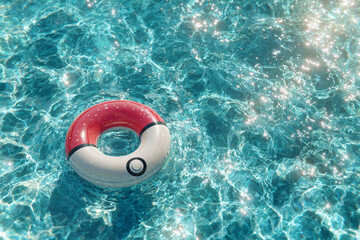 Floating Fun. Inflatable ring shaped like a game ball floating in a sunlit pool.