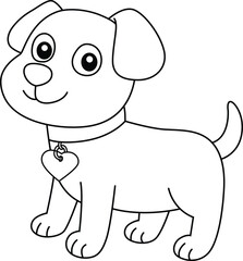 Cute Cartoon Puppy Wearing Heart Tag Collar - Coloring Page, Outline, Vector Illustration