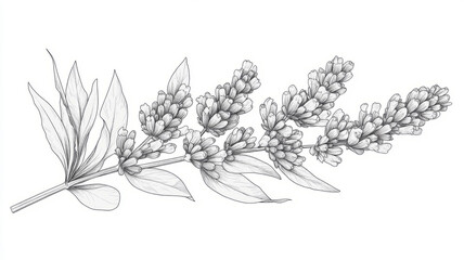 Obraz premium Black and white sketch of a lavender sprig with leaves.