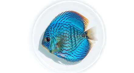 A vibrant blue discus fish with intricate patterns swims in clear water, isolated against a white background.