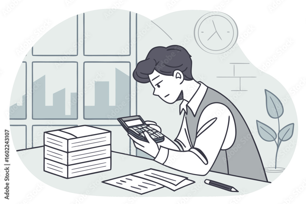 Poster man calculating financial data with a calculator at a workspace surrounded by boxes and urban backdr