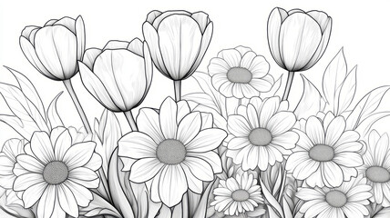 Black and white sketch of tulips and daisies.