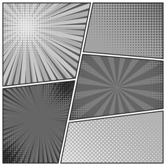 Comic book black and white radial lines collection. Cartoon comics background with motion, speed lines. Retro Pop Art style. Vector illustration
