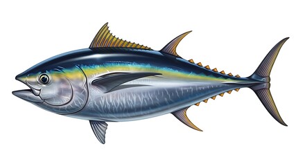 Detailed illustration of a yellowfin tuna, showcasing its vibrant colors and streamlined body.
