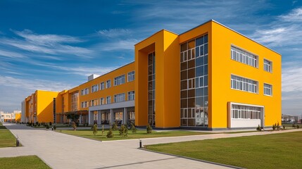 Obraz premium Modern Yellow School Building with Large Windows, Green Lawn, and Clear Sky on Educational Campus