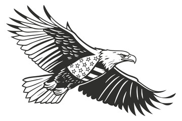 Obraz premium Eagle soaring with wings spread wide, featuring a flag design, representing freedom and patriotism in a clear blue sky