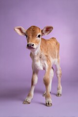 Adorable Baby Calf Standing Tall in Pastel Lilac Background