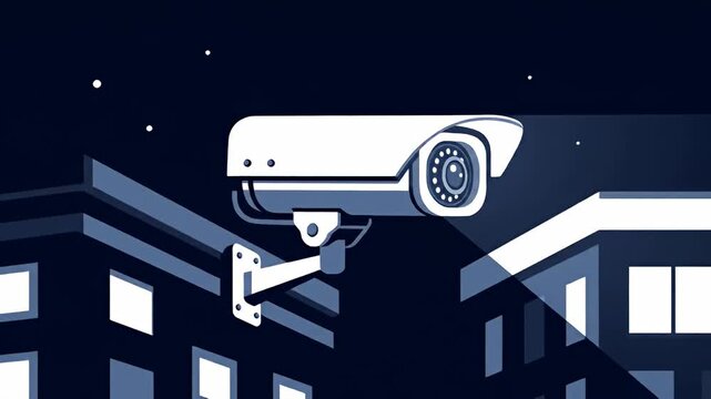 Security camera overlooking buildings under a night sky