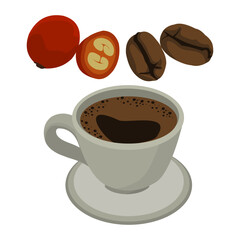 Vector illustration of coffee fruit, coffee beans, and a cup of coffee