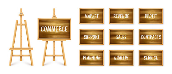 Wooden chalkboard on easel. Blackboard in wooden frame on a tripod. Presentation board with text, writing or drawing surface. Business investment, economics and finance. Vector illustration