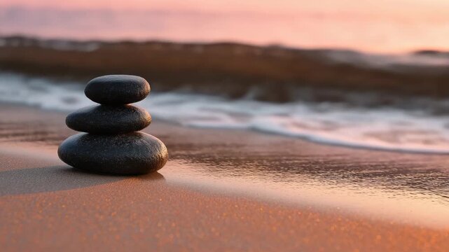 Balanced zen stones on a sandy beach with calm sea waves at sunset, tranquil scene for meditation, relaxation, spa and wellness background loop