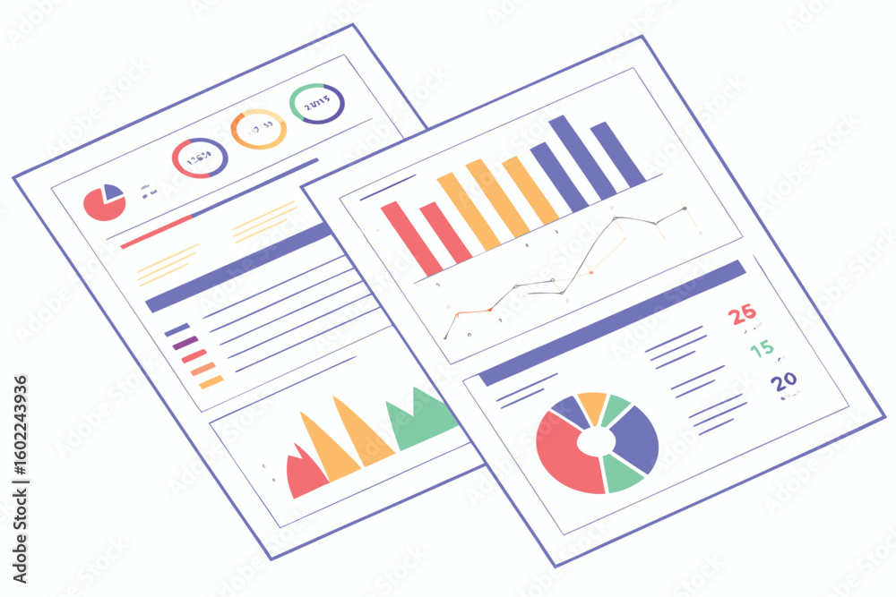 Poster colorful data visualizations on reports showcasing graphs and charts to analyze performance metrics 