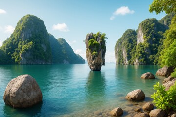 Tall limestone rock island surrounded by turquoise water and lush green cliffs under clear blue sky in tropical seascape background. Ai generative.
