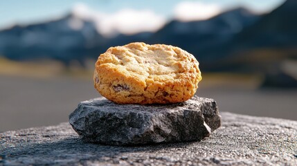 Golden Cookie on a Gray Stone with Soft Focus Mountain Background Under Bright Sunlight