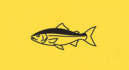 Simple black outline drawing of a fish on a bright yellow background.